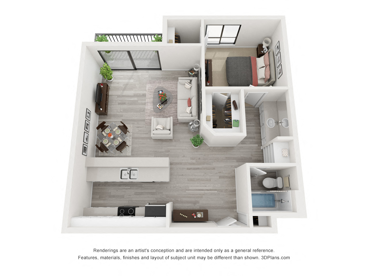 Floor plan for 1 bed, 1 bath, 850 sqft